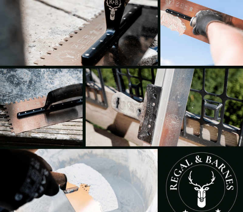 Collage showcasing Regal & Barnes premium tools for plastering and rendering, including trowels and spatulas. Crafted for precision and durability, these tools are ideal for professionals applying EWI systems. Available exclusively from EWI Store, they help deliver a flawless finish.