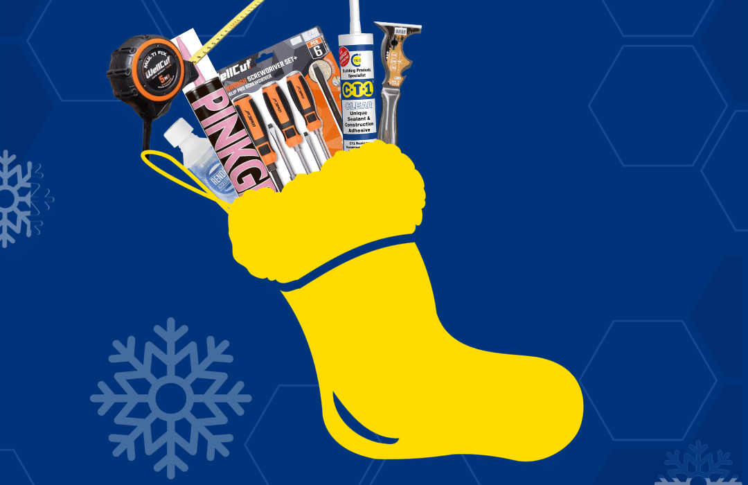 Graphic showcasing the "Top 10 Tradie Stocking Fillers" against a festive blue background with snowflakes and a yellow stocking. The stocking is filled with practical tools and accessories, ideal as compact gift ideas for tradespeople. At EWI Store, we understand the value of reliable tools—shop our curated selection to surprise a tradesperson this season.