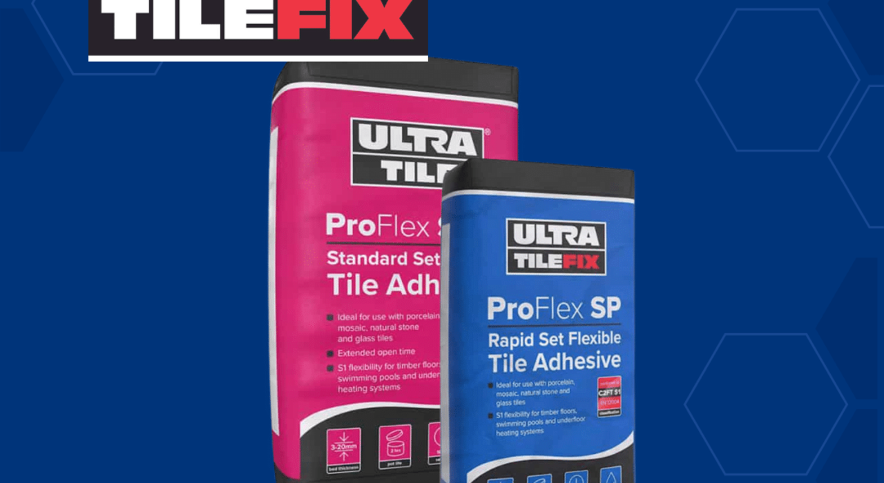 Product showcase featuring UltraTile ProFlex SP and ProFlex SP Rapid Set Flexible Tile Adhesives. These high-performance adhesives are ideal for porcelain, mosaic, natural stone, and underfloor heating installations. Available from EWI Store for professional-grade tiling results.
