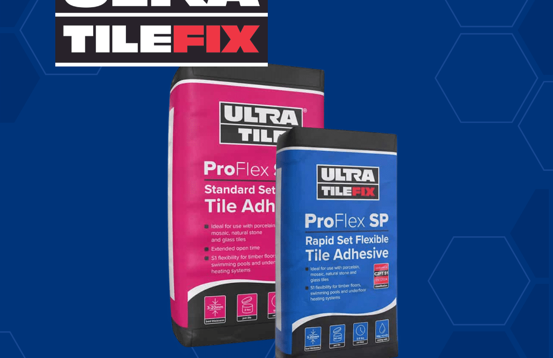 Product showcase featuring UltraTile ProFlex SP and ProFlex SP Rapid Set Flexible Tile Adhesives. These high-performance adhesives are ideal for porcelain, mosaic, natural stone, and underfloor heating installations. Available from EWI Store for professional-grade tiling results.