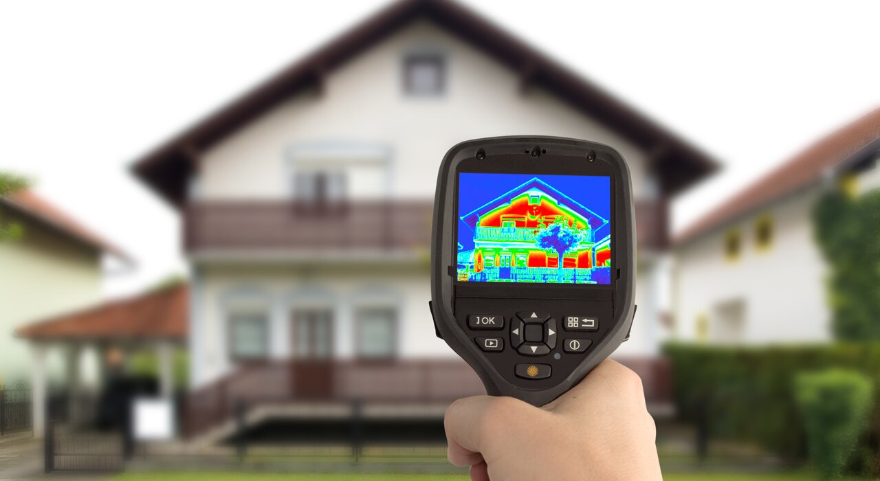 Thermal imaging camera aimed at a residential property, highlighting areas of heat loss. EWI Store offers full systems to improve a building’s thermal envelope—reducing heat loss, improving EPC ratings, and cutting energy bills.