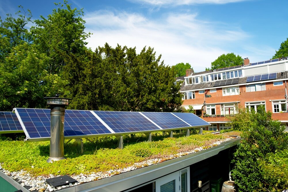 Modern home with a green roof fitted with solar panels. Green roofs help regulate temperature, absorb rainwater and improve insulation. EWI Store supports sustainable building with eco-friendly insulation and waterproofing systems.