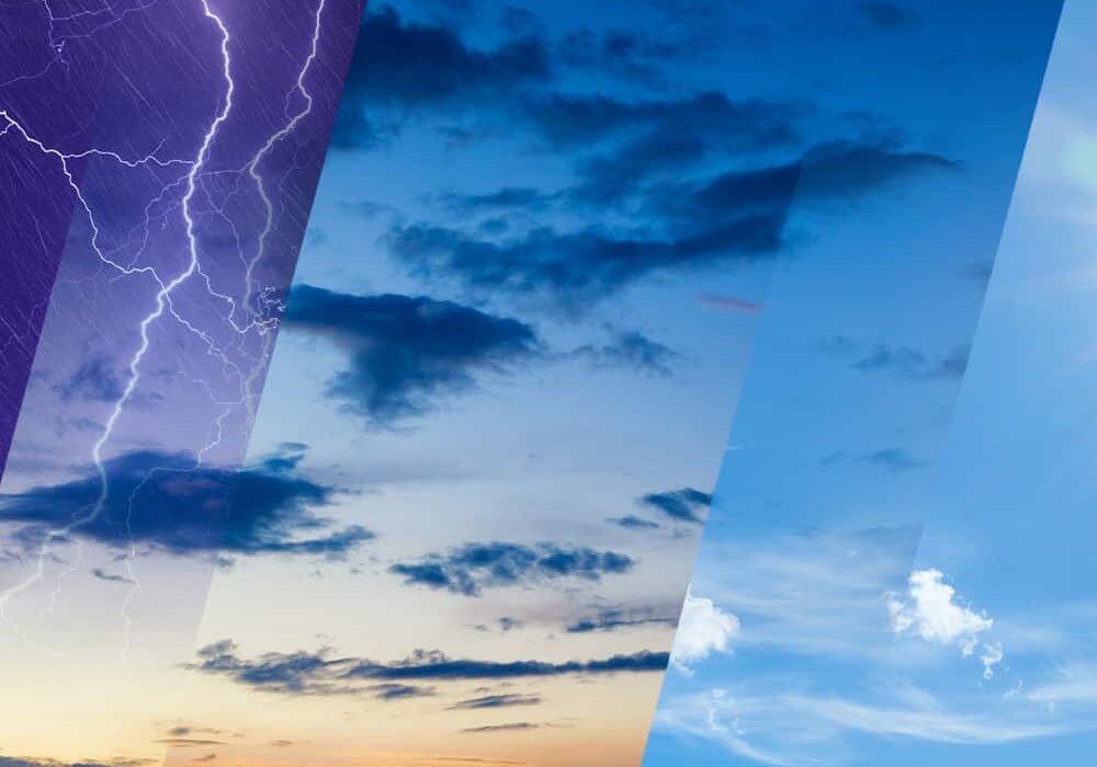 Stylised gradient image of changing weather conditions—storm, overcast, sunset, clear. EWI Store provides advanced render additives and breathable systems like Silicone Render, ensuring façade protection and colour stability regardless of weather extremes.