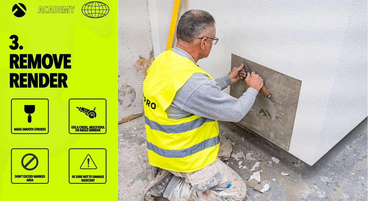 A professional removes a damaged section of render using hand tools, as part of the EWI Pro Academy training. EWI Pro systems, available through EWI Store, are designed for easy maintenance and repair, ensuring long-lasting protection and finish.