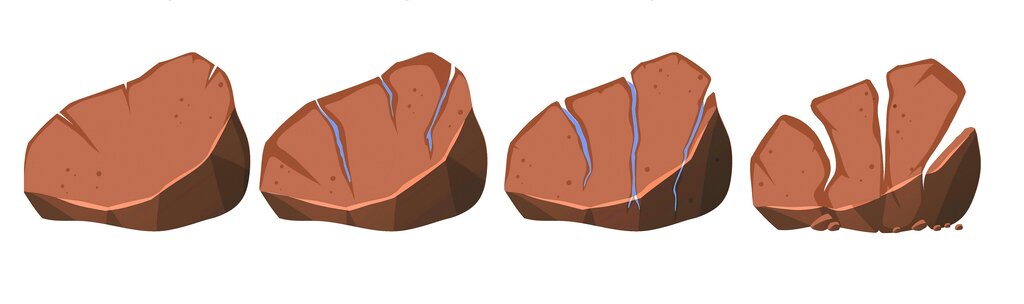 Sequence of illustrated rock cracking due to freeze-thaw action. This natural weathering process can damage untreated façades over time, highlighting the importance of protective, flexible render systems like those available from EWI Store.
