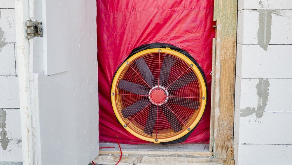 Close-up of a blower door test setup using a calibrated fan mounted in a temporary red-sealed frame. Blower door testing identifies air leaks and ensures optimal airtightness in energy-efficient buildings. EWI Store recommends airtightness testing as part of a complete retrofit strategy to maximise the performance of insulation systems.