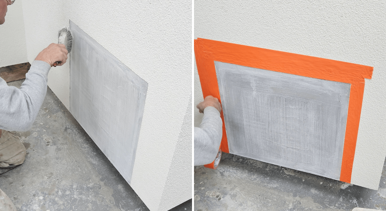 Step-by-step demonstration of a render repair patch using EWI Pro Basecoat and mesh, then masking with orange tape before topcoat reapplication. EWI Store offers all the essential tools and products needed to carry out professional repairs to insulated render systems, ensuring long-lasting performance and visual consistency.