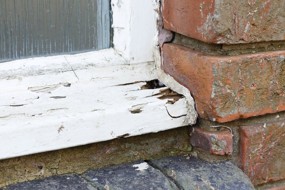 Close-up of a decayed timber window sill showing signs of rot and weather damage. Replacing old timber frames and installing EWI systems with modern beading and waterproofing products from EWI Store can drastically reduce moisture ingress and improve building longevity.