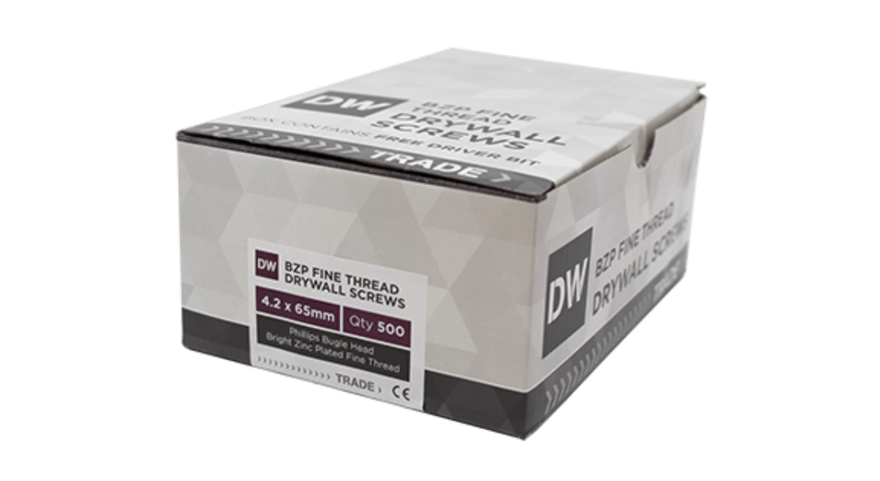Box of BZP fine thread drywall screws (4.2x65mm), ideal for fixing drywall securely into place. EWI Store stocks a wide range of fixings and accessories designed to work seamlessly with internal and external insulation systems for a reliable, professional finish.