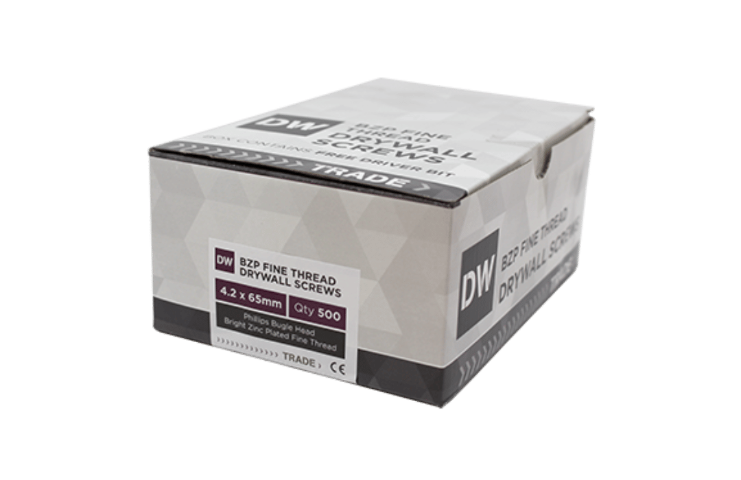Box of BZP fine thread drywall screws (4.2x65mm), ideal for fixing drywall securely into place. EWI Store stocks a wide range of fixings and accessories designed to work seamlessly with internal and external insulation systems for a reliable, professional finish.