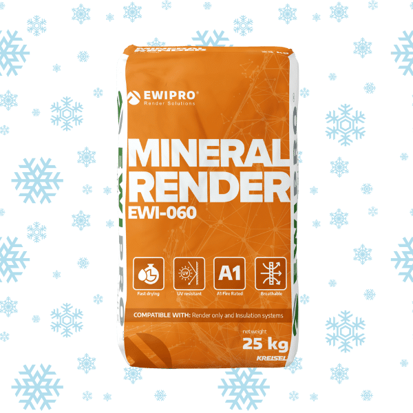 Bag of EWI Pro Mineral Render (EWI-060) with A1 fire rating, ideal for use in fire-sensitive applications. This breathable, fast-drying render is perfect for mineral wool insulation systems. Available from EWI Store, it's a robust solution for high-performance facades in all weather conditions.