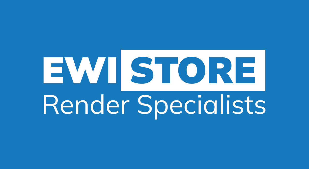 EWI Store logo with the tagline 'Render Specialists' on a blue background, representing a UK supplier of external wall insulation and render systems