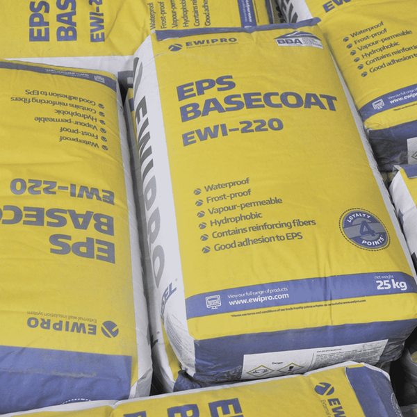 Stack of EWI Pro EPS Basecoat (EWI-220) 25kg bags arranged for distribution. This dual-purpose basecoat is designed specifically for EPS insulation systems, offering waterproof, frost-proof, and vapour-permeable performance. Reinforced with fibres for durability and hydrophobic properties, EWI-220 is available from EWI Store and ensures excellent adhesion and long-lasting insulation results.