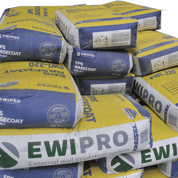 Stack of EWI Pro EPS Basecoat (EWI-220) 25kg bags arranged for distribution. This dual-purpose basecoat is designed specifically for EPS insulation systems, offering waterproof, frost-proof, and vapour-permeable performance. Reinforced with fibres for durability and hydrophobic properties, EWI-220 is available from EWI Store and ensures excellent adhesion and long-lasting insulation results.