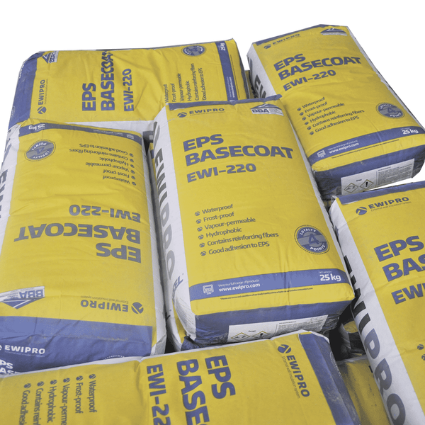 Stack of EWI Pro EPS Basecoat (EWI-220) 25kg bags arranged for distribution. This dual-purpose basecoat is designed specifically for EPS insulation systems, offering waterproof, frost-proof, and vapour-permeable performance. Reinforced with fibres for durability and hydrophobic properties, EWI-220 is available from EWI Store and ensures excellent adhesion and long-lasting insulation results.