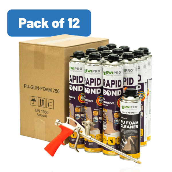 EWI Pro RAPID BOND PU Adhesive Bulk Bundle - Pack of 12 Pack of 12 (12x EWI-242 + 1x EWI-243C + 1x Foam Gun)