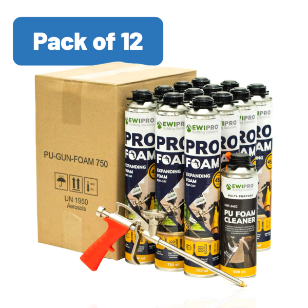 EWI Pro PRO FOAM - Expanding Foam Bulk Bundle - Pack of 12 Pack of 12 (12x EWI-241 + 1x EWI-243C + 1x Foam Gun)