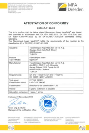 Trackwall Fire Test Cert A1 Rated Attestation of Conformity-Reaction to Fire-  fibre Cement Board.pdf