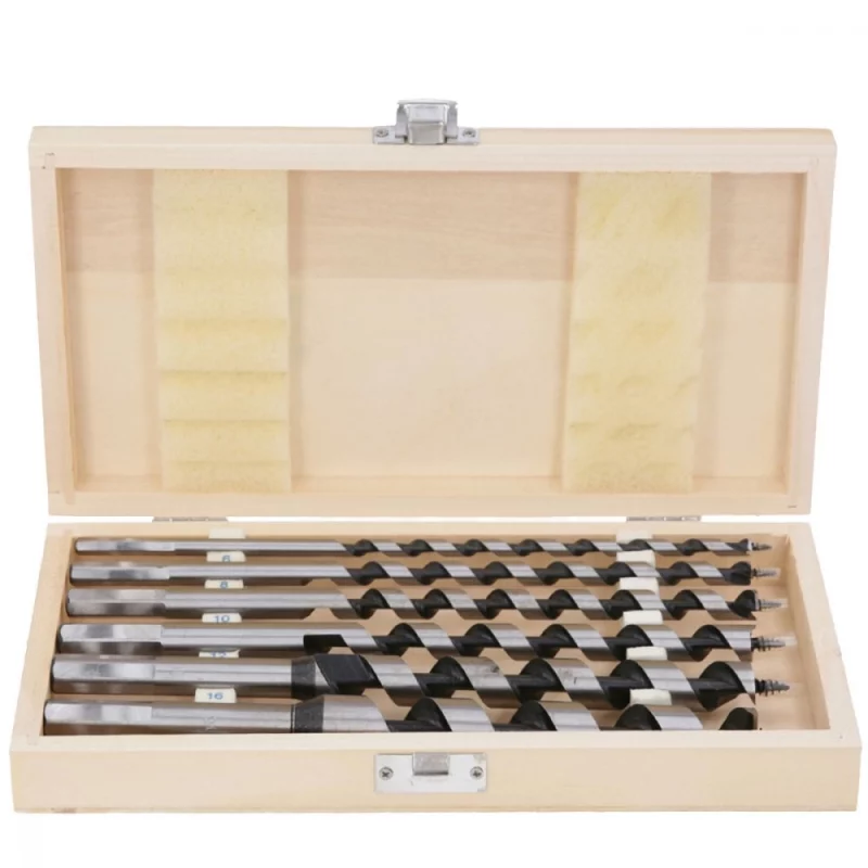 Auger drill bit set with wooden case